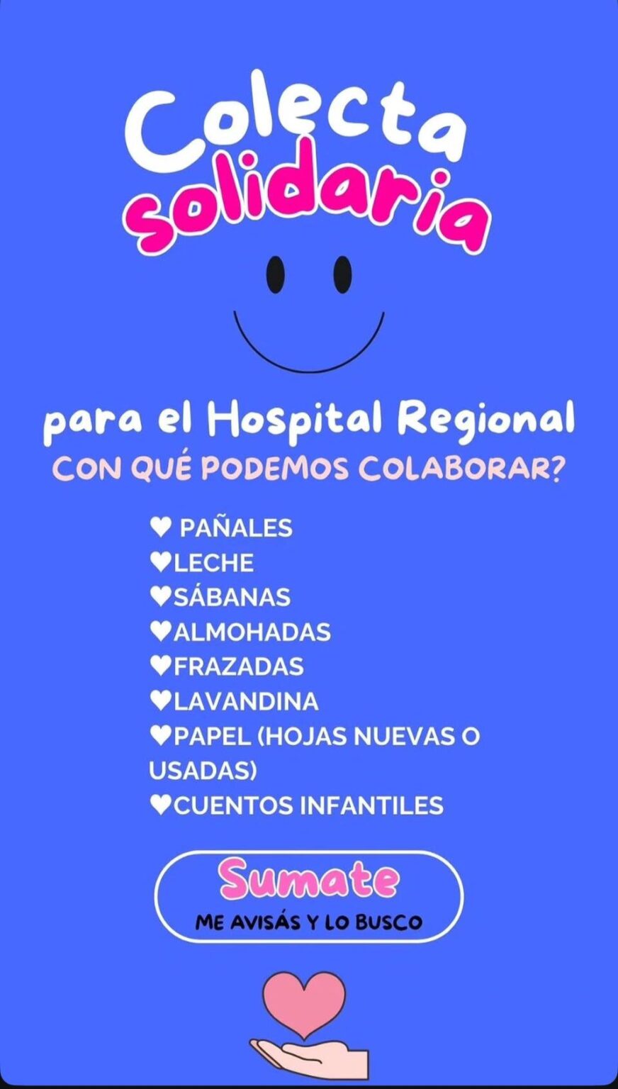Colecta solidaria destinada a reunir insumos esenciales para el Hospital Regional