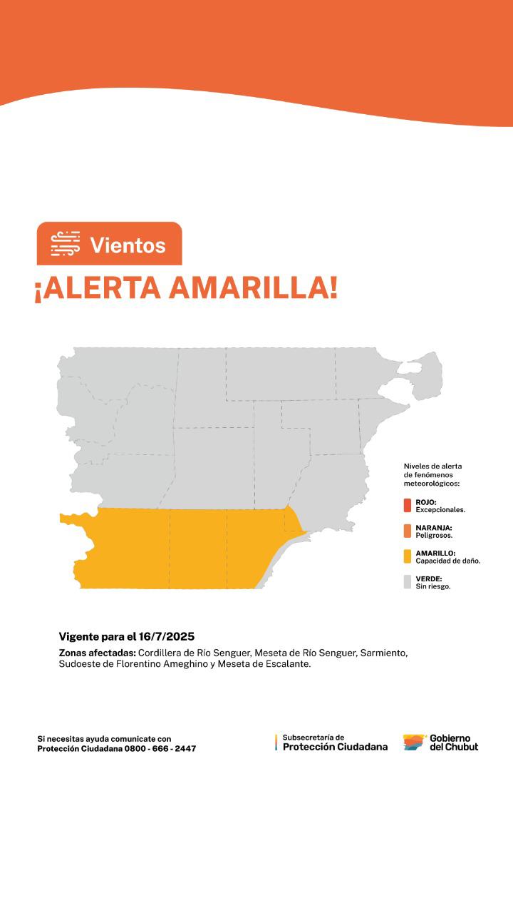 Alerta amarilla por vientos fuertes en parte de la provincia, con  ráfagas de hasta 100 km/h