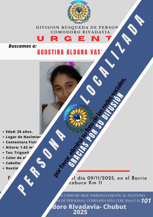 Buenas noticias: apareció Agustina Aldana Vásquez